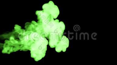 荧光绿色墨水在黑色背景下溶解在水中，用Luma哑光。 3D渲染V3很多流